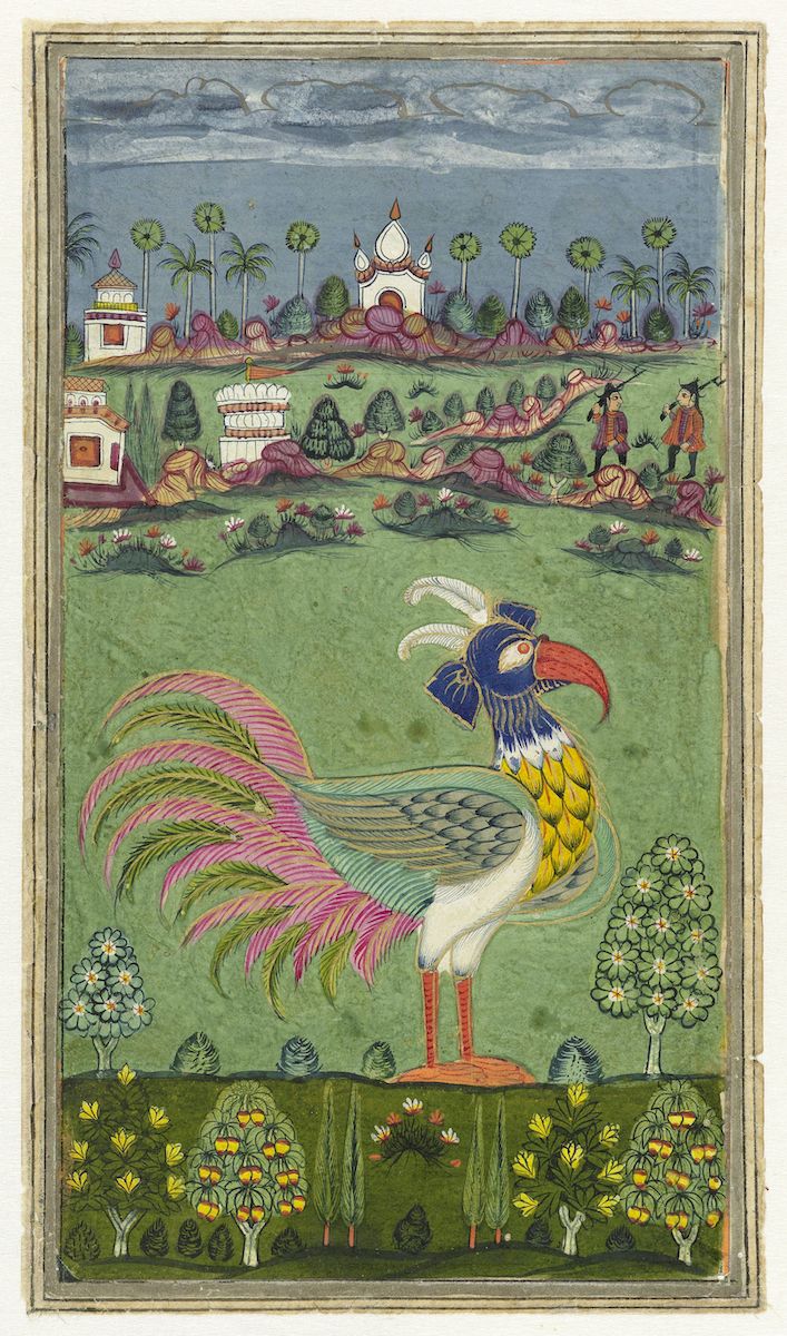 A vibrant, detailed painting of a fantastical bird in a lush landscape with buildings and figures in the background.