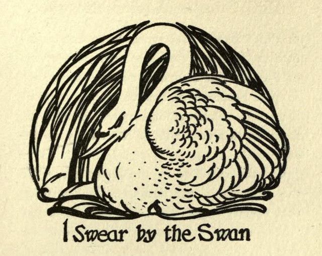 A black and white illustration of a swan within a swirling frame, with the text 'I Swear by the Swan' below.