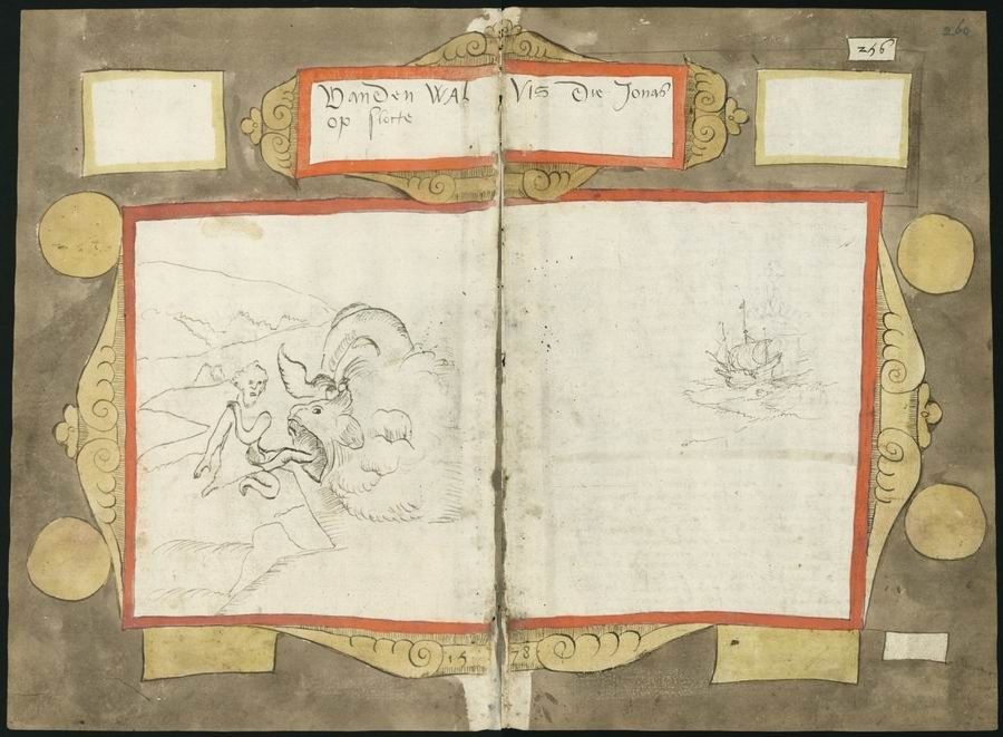 An open page from a historical book or manuscript with sketches of a man on horseback and a ship in a storm.