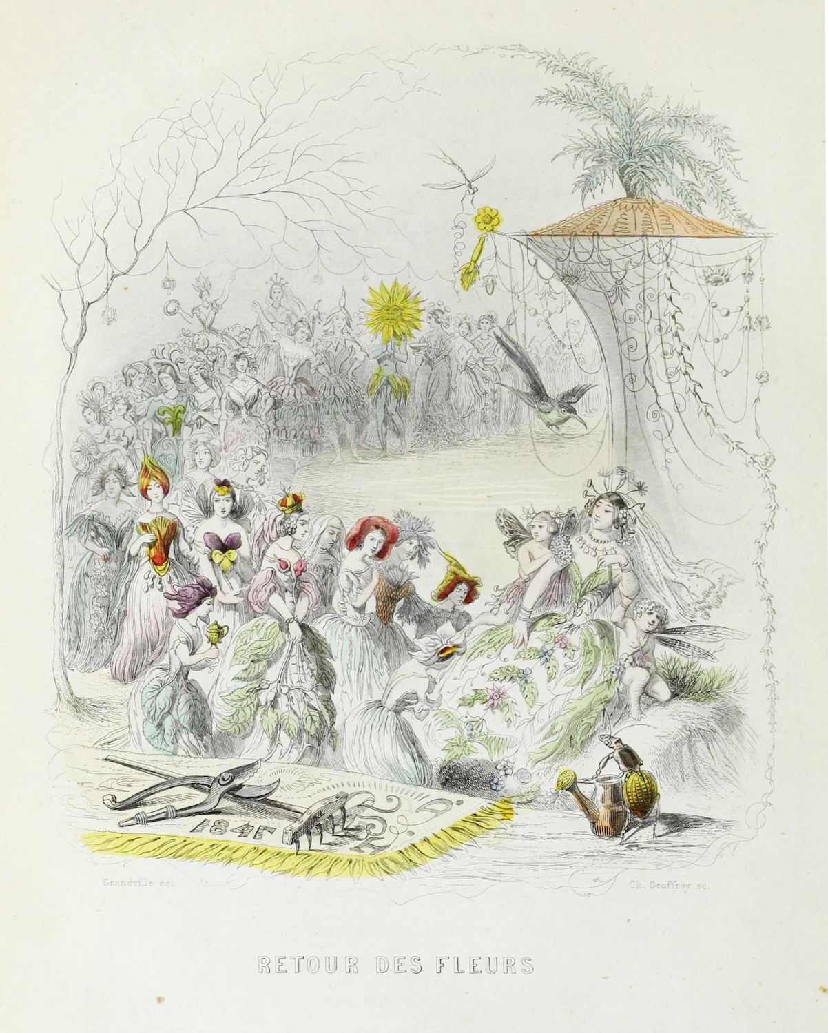 A vintage black and white illustration titled 'Retour des Fleurs' (Return of the Flowers) depicting a group of women in Victorian-era dresses dancing in a circle surrounded by flowers, birds, and insects.