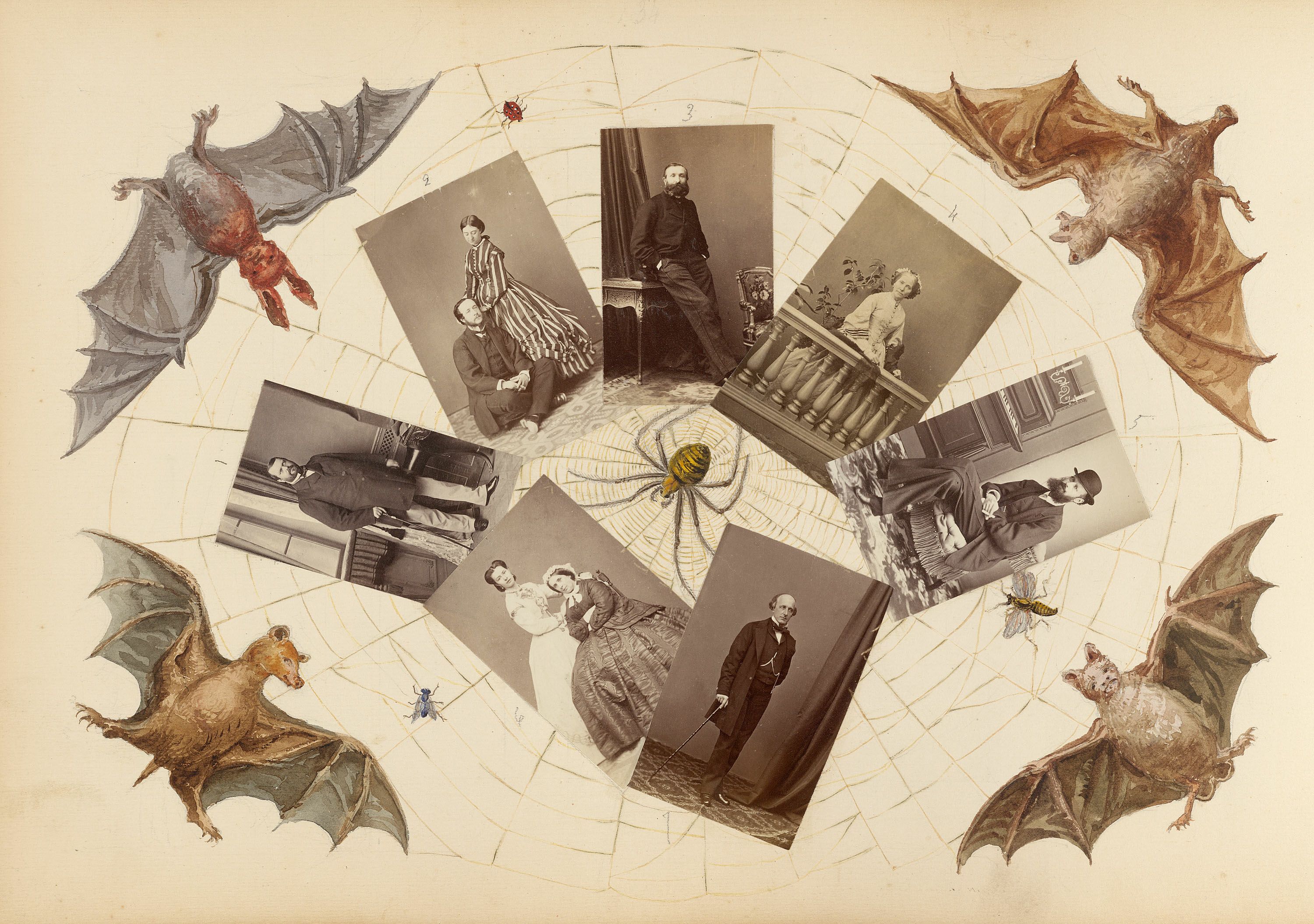 A vintage collage featuring sepia-toned photographs, illustrations of bats and spiders, and delicate cobwebs, creating a spooky, gothic atmosphere.