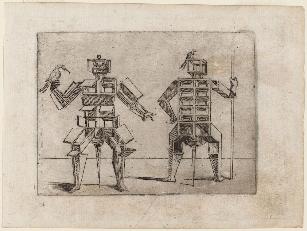 A black and white etching of two robotic figures constructed from geometric shapes. The figure on the left holds a bird, while the figure on the right holds a long, thin object.