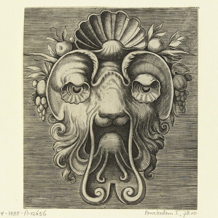 A detailed black and white engraving of a decorative face or mask with a shell, grapes, and intricate curls.