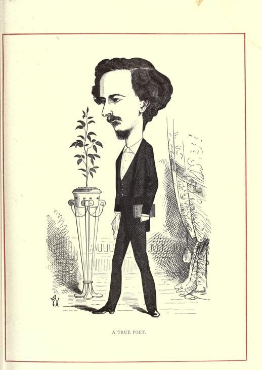 A vintage black and white caricature of a man labeled 'A TRUE POET', walking with a potted plant and books.