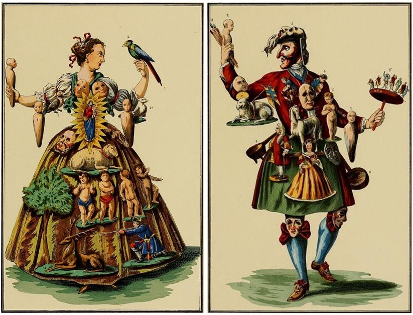 Two panels depicting people adorned with miniature figures and objects integrated into their clothing.