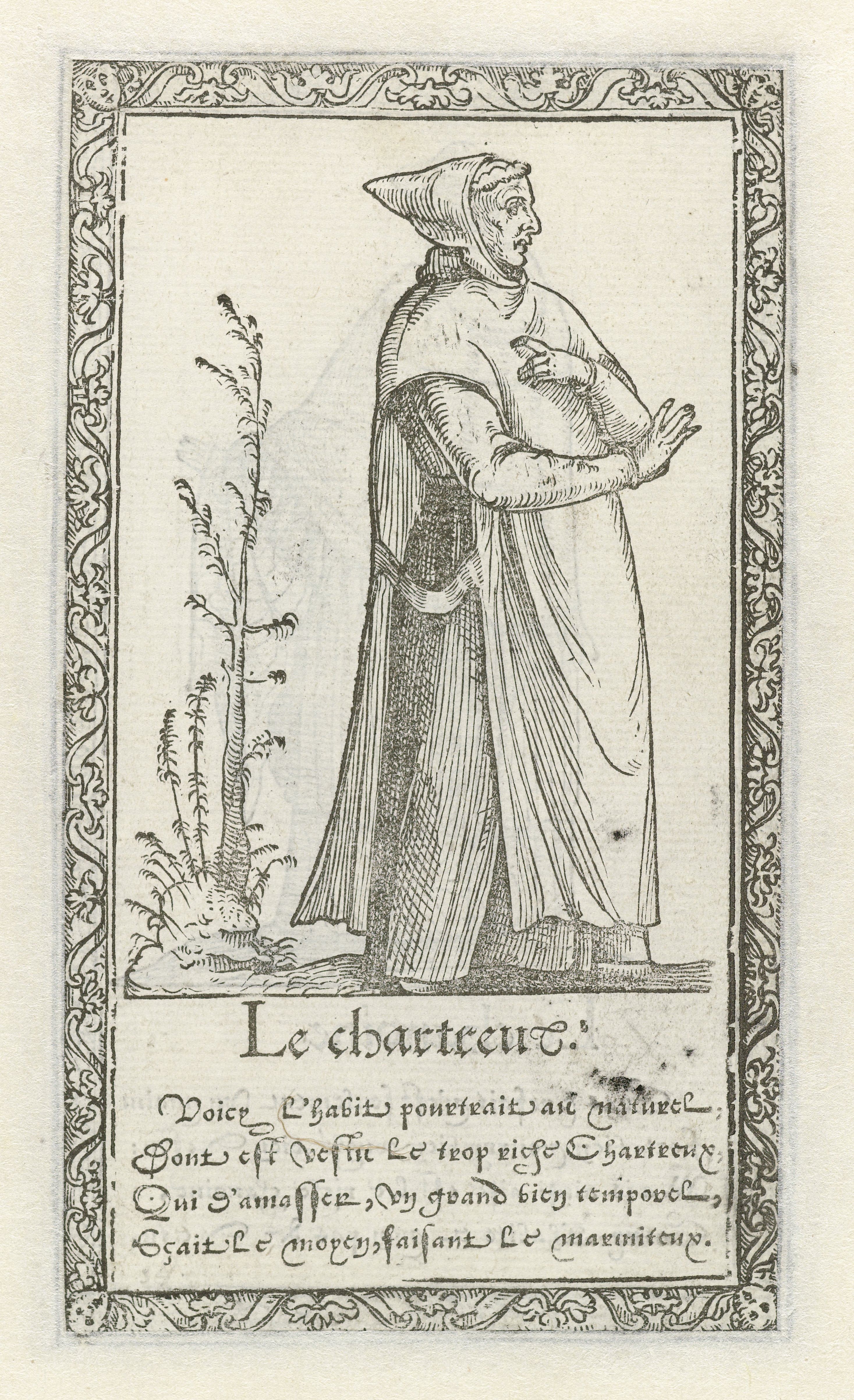 A black and white woodcut illustration of a Carthusian monk standing next to a plant, framed by an ornate border with text below.