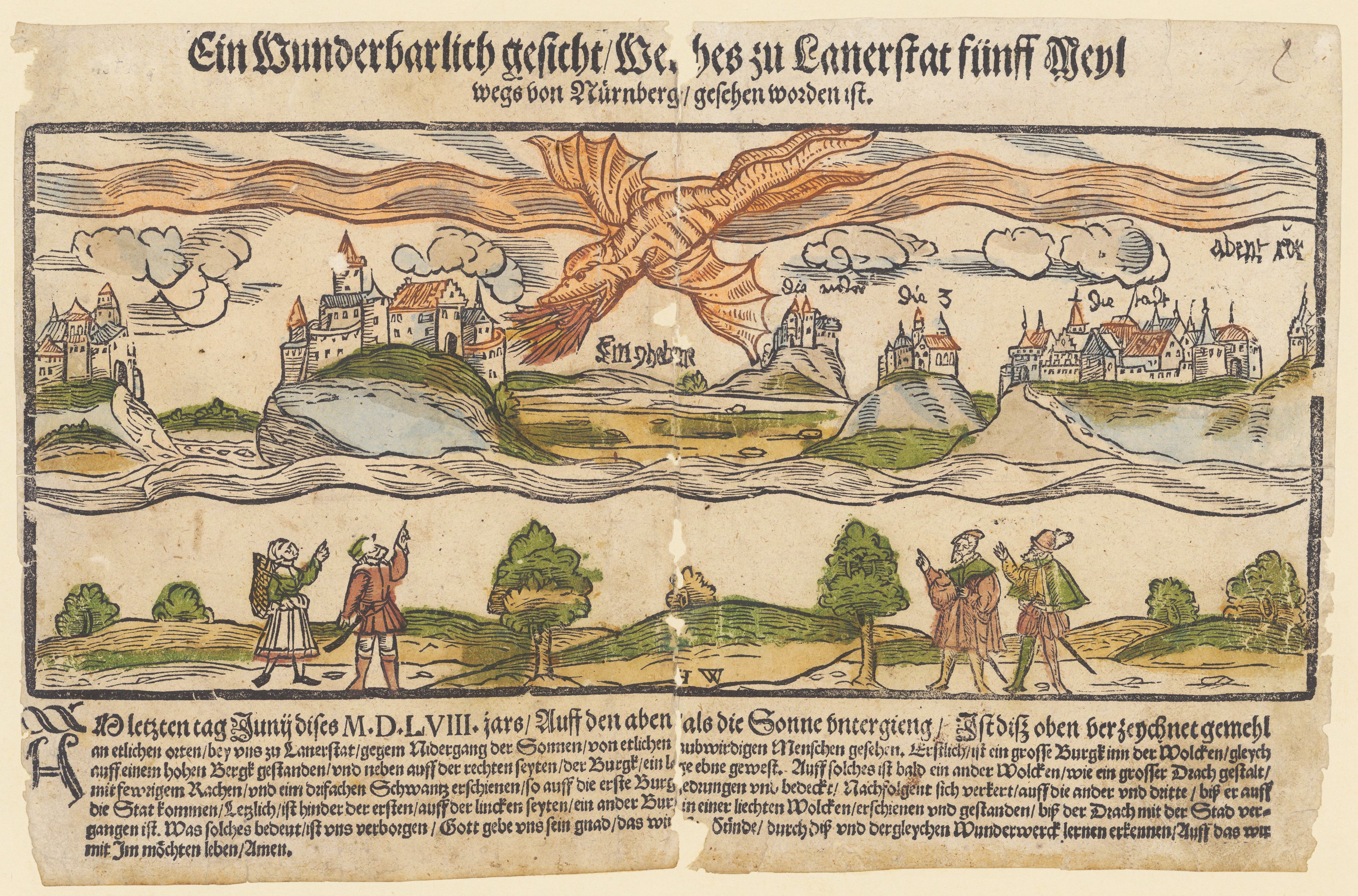 A hand-colored woodcut print from 1541 depicting an angel descending from the sun over a landscape with two towns and groups of people looking up.