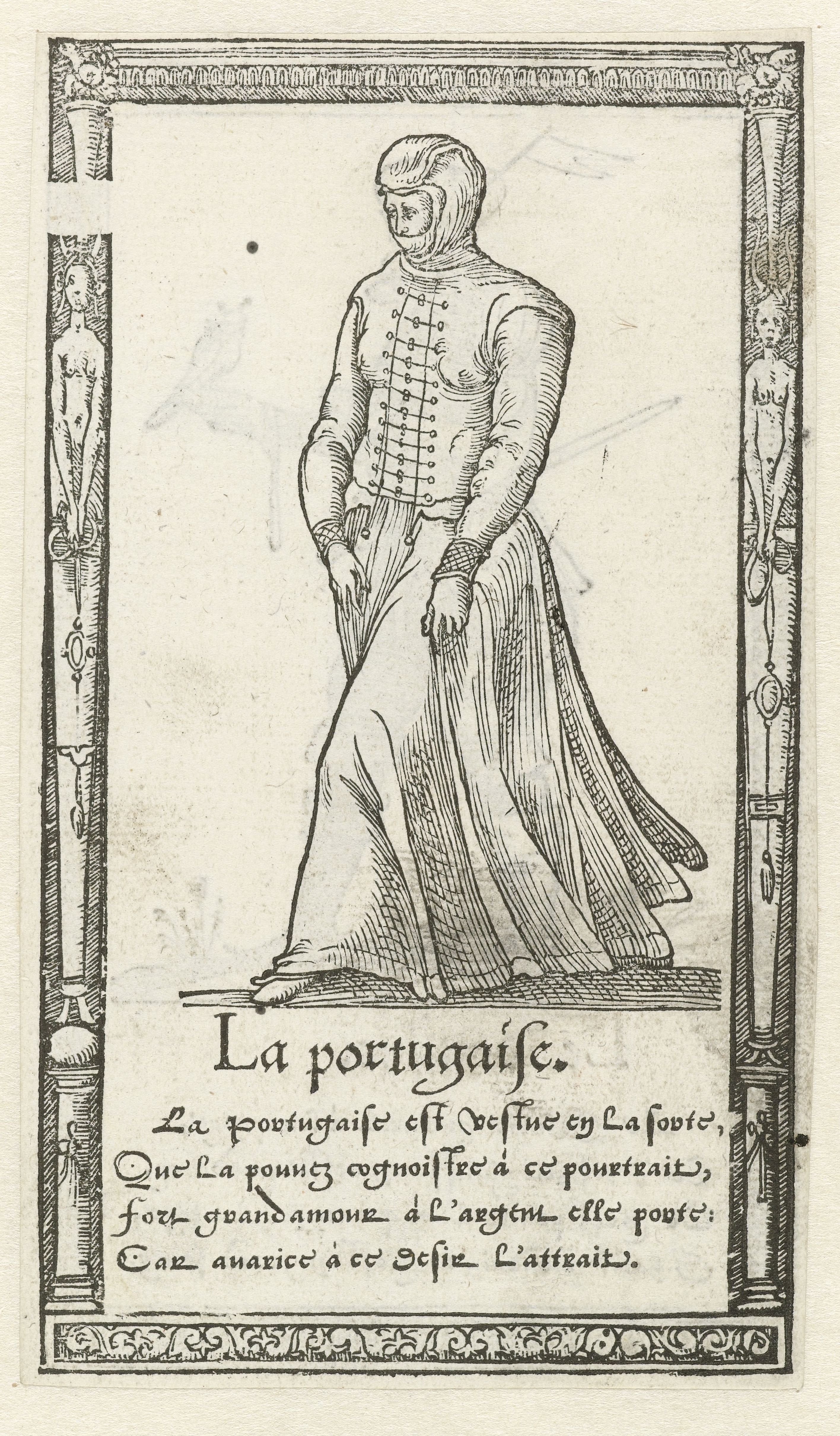 A black and white engraving of a woman in a long dress, framed by an ornate border and accompanied by text.