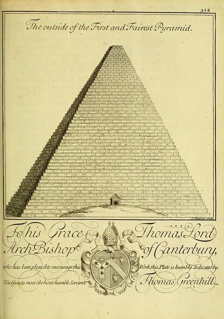 Vintage engraving of a stepped pyramid with a small building at its base, and a dedication to Thomas Lord of Canterbury with a coat of arms.