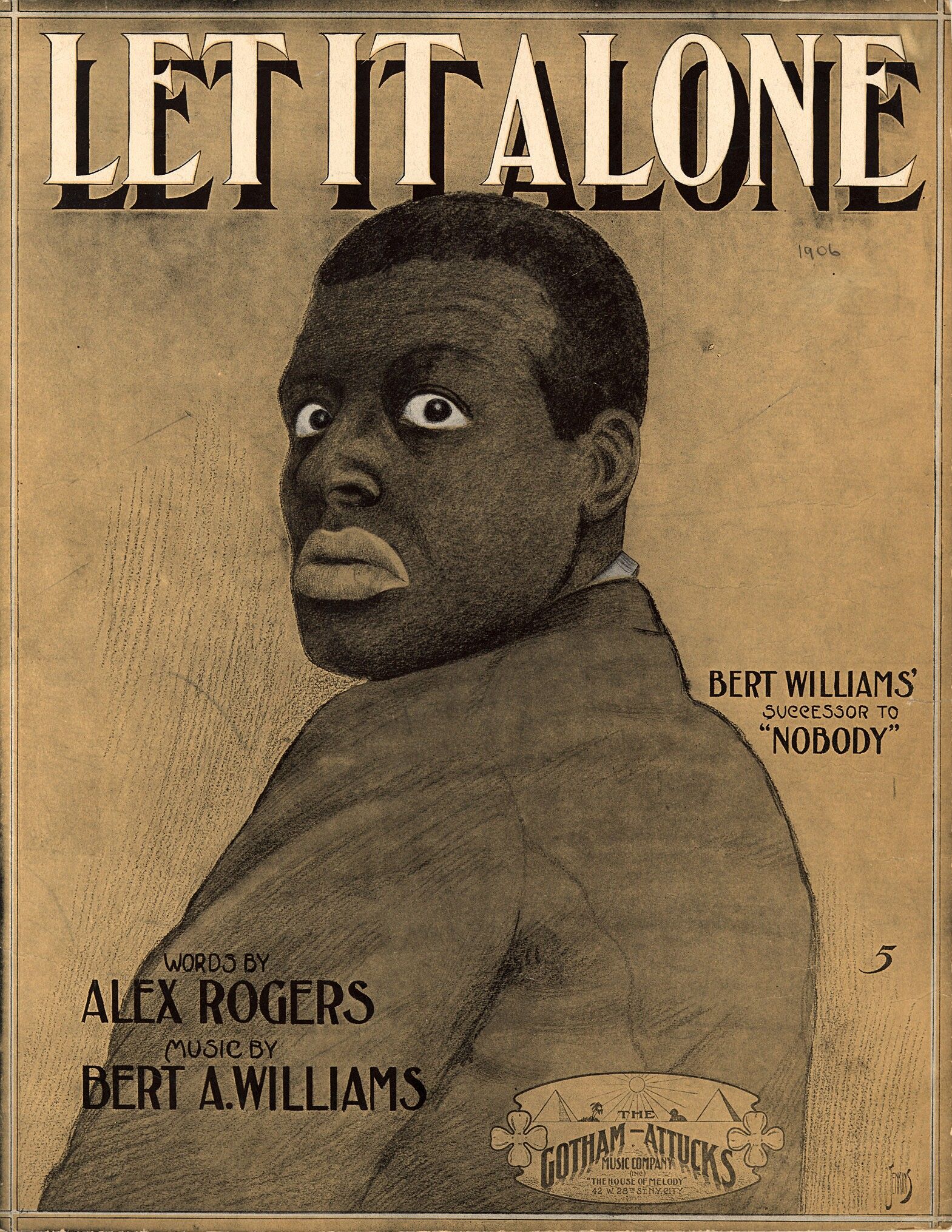 Vintage sheet music cover for "Let It Alone" from 1906, featuring a portrait of Bert Williams.