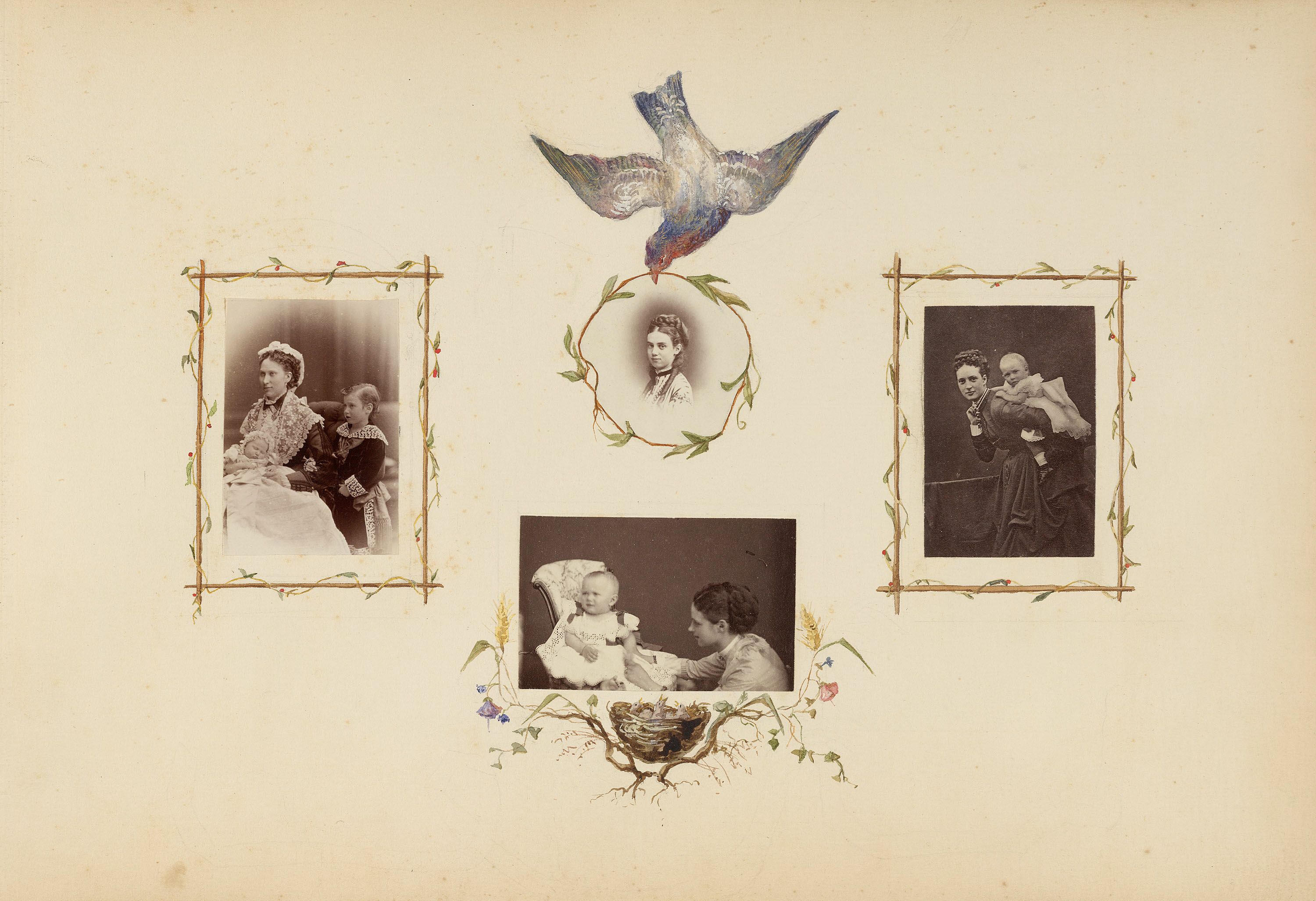 A vintage photograph featuring a collage of portraits and a decorative bird.