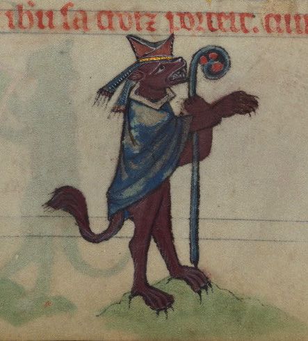 A medieval illustration of a bear-like creature wearing a hat and cloak, holding a staff.