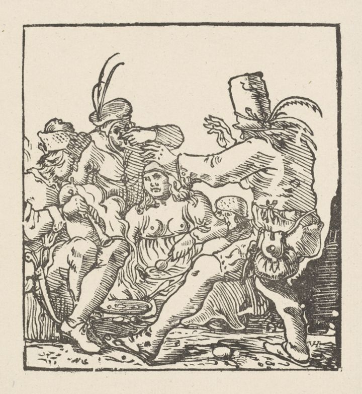 A black and white woodcut illustration depicting a chaotic scene with a group of people.