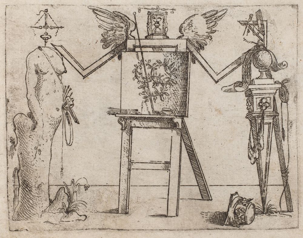 A black and white engraving depicting a surreal scene with bizarre figures flanking an easel holding a painting of foliage. The scene includes a clock, skull, and draped cloth, all rendered in intricate linework.