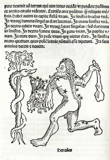 A black and white woodcut illustration of Hercules, a muscular nude male figure in a dynamic pose, with a stylized plant to the left and text surrounding the image.