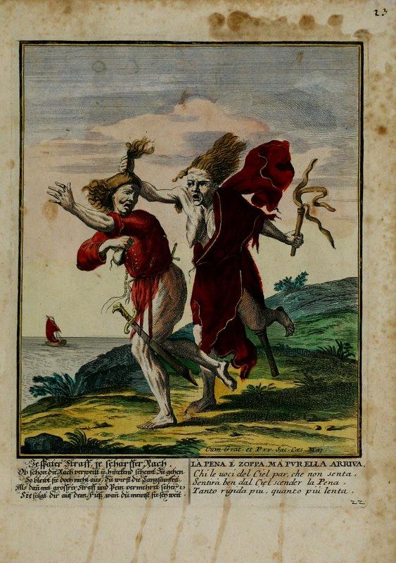 A hand-colored engraving depicting a skeletal Death figure dancing with a man in a rugged landscape. The scene is dramatic and ominous, with swirling clouds and a body of water in the background. Text in German and Italian is written beneath the image.