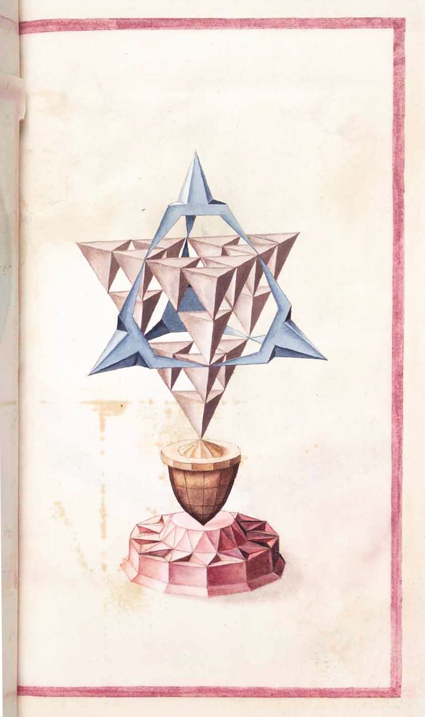 A detailed watercolor painting of a complex crystal structure resting on a base and rock formations, presented on an aged page with a red border.