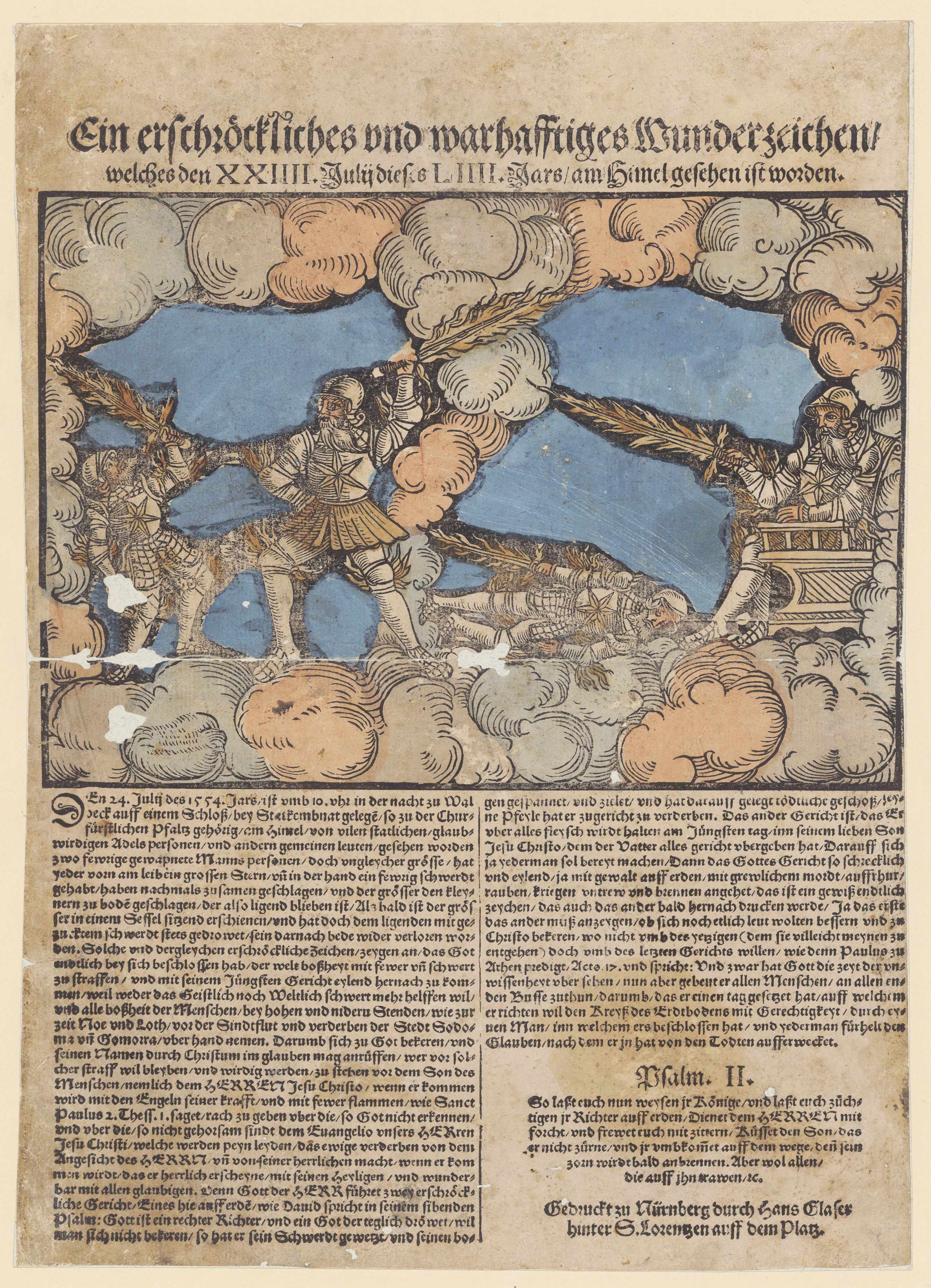 A detailed black and white woodcut illustration depicting a dramatic scene with a fiery shape in the sky and a chaotic gathering of people below. The background features a town or city with buildings and towers. The image is surrounded by dense text in an old German script.