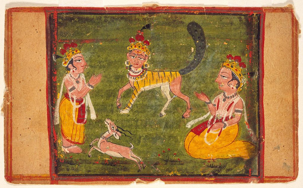A painting depicting a mythological scene with a hybrid animal and two figures.