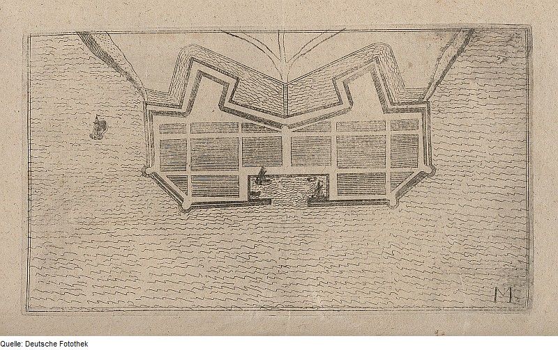 Vintage drawing of a star-shaped fortress surrounded by water, with a grid-like interior and a letter 'M' in the corner.