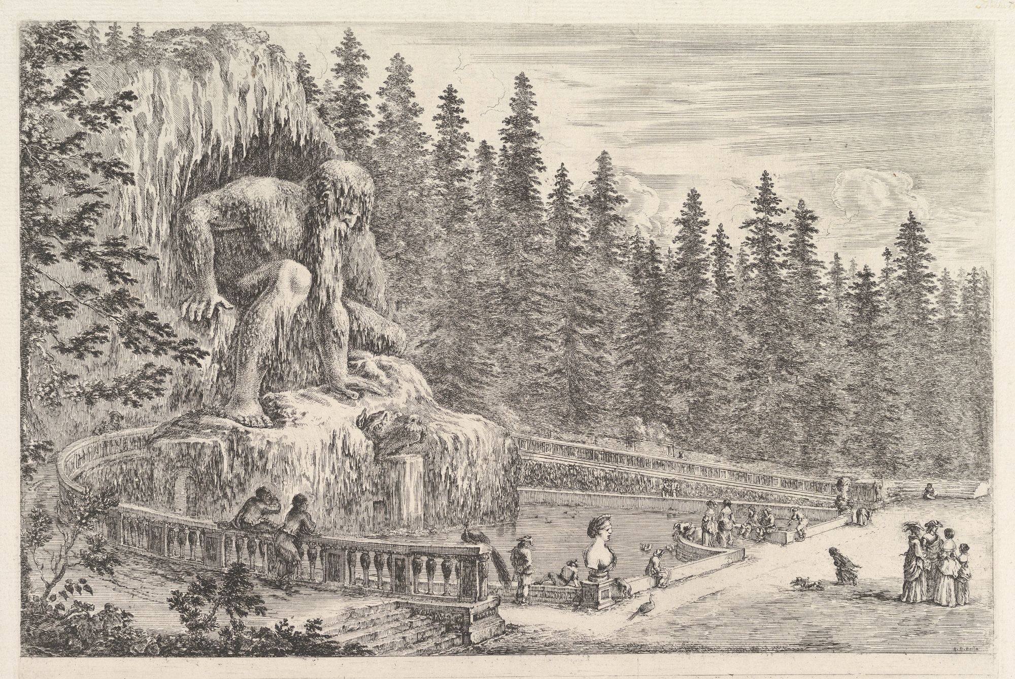 Black and white engraving of a grand landscape with a colossal statue, a circular balustrade, and a gathering of people.