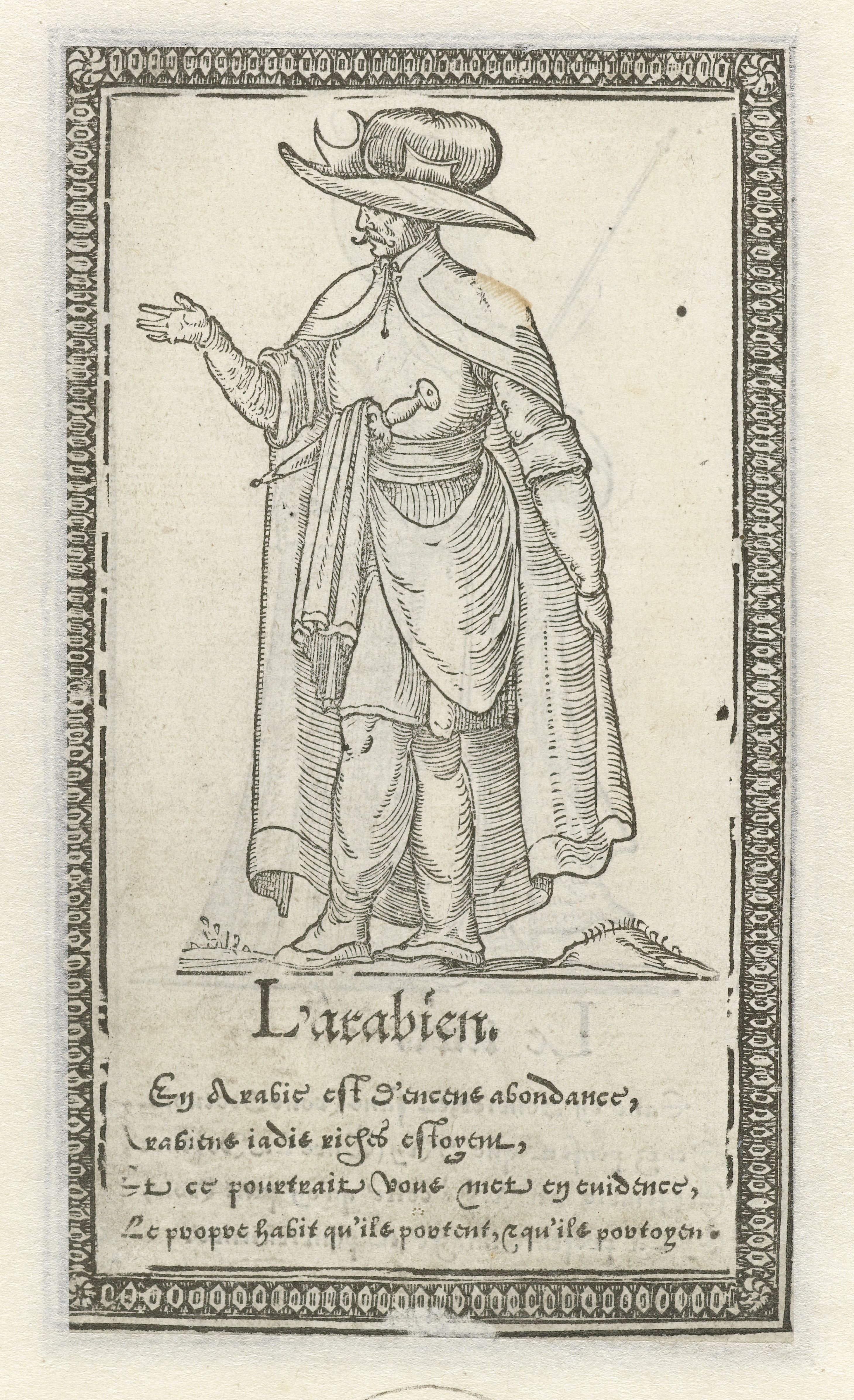 Vintage black and white engraving of a man in historical attire with text below.