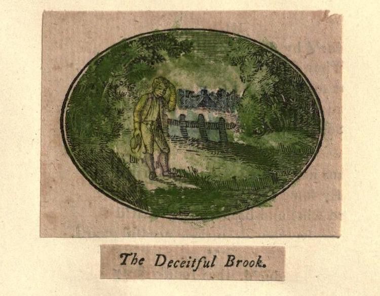 Vintage illustration of a person by a brook with the text 'The Deceitful Brook.'