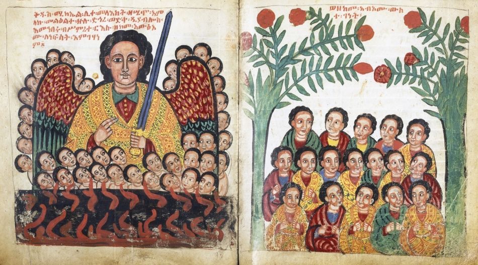 Illuminated manuscript page with two panels. The left panel depicts an angel surrounded by a crowd of people against a fiery red background. The right panel shows a group of people seated beneath a lush green tree with red flowers.