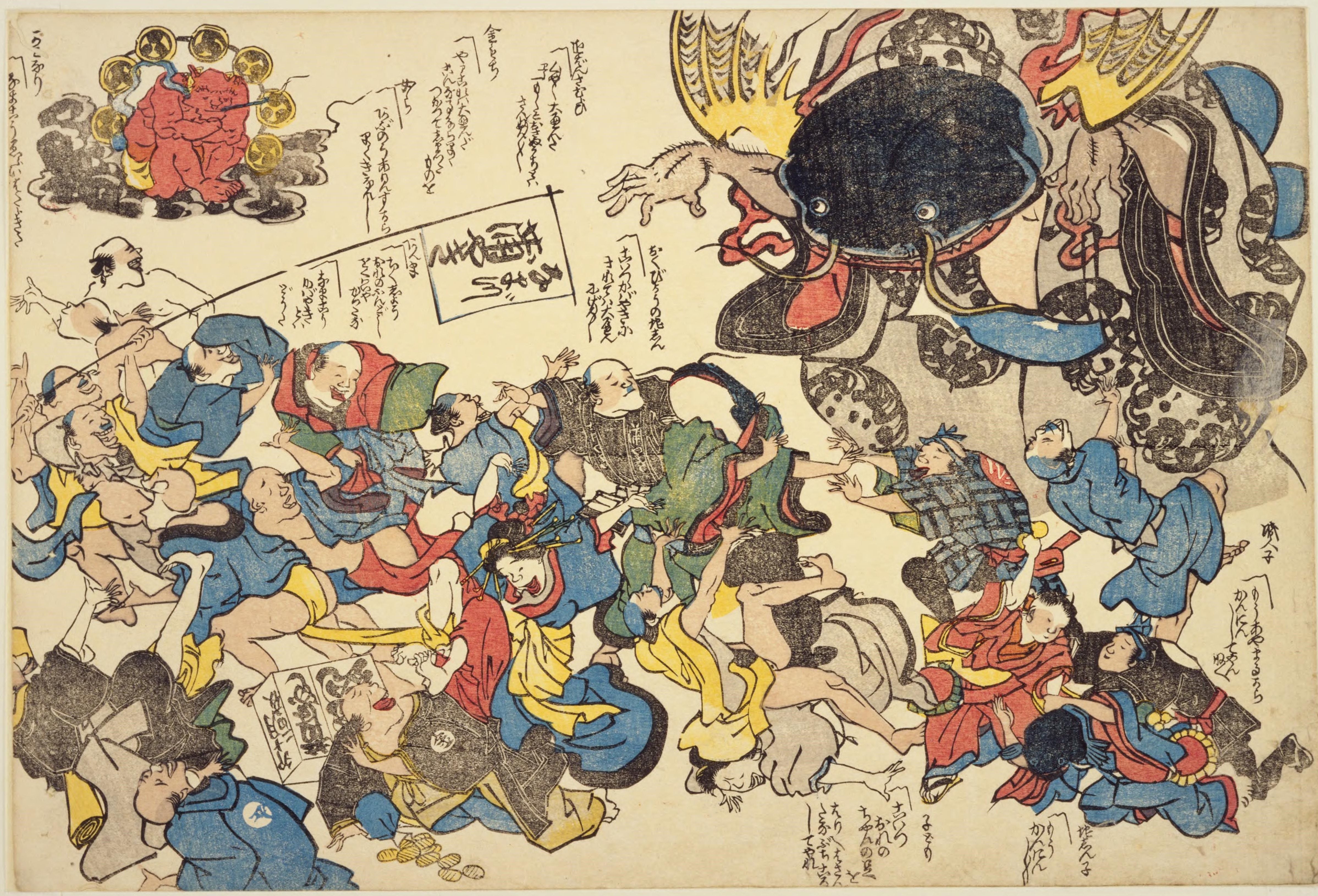 A Japanese woodblock print depicting a giant octopus attacking people on a shore. The scene is chaotic and dramatic, with numerous figures struggling against the octopus's tentacles. The print is rendered in a traditional *ukiyo-e* style with bold lines and flat planes of color.
