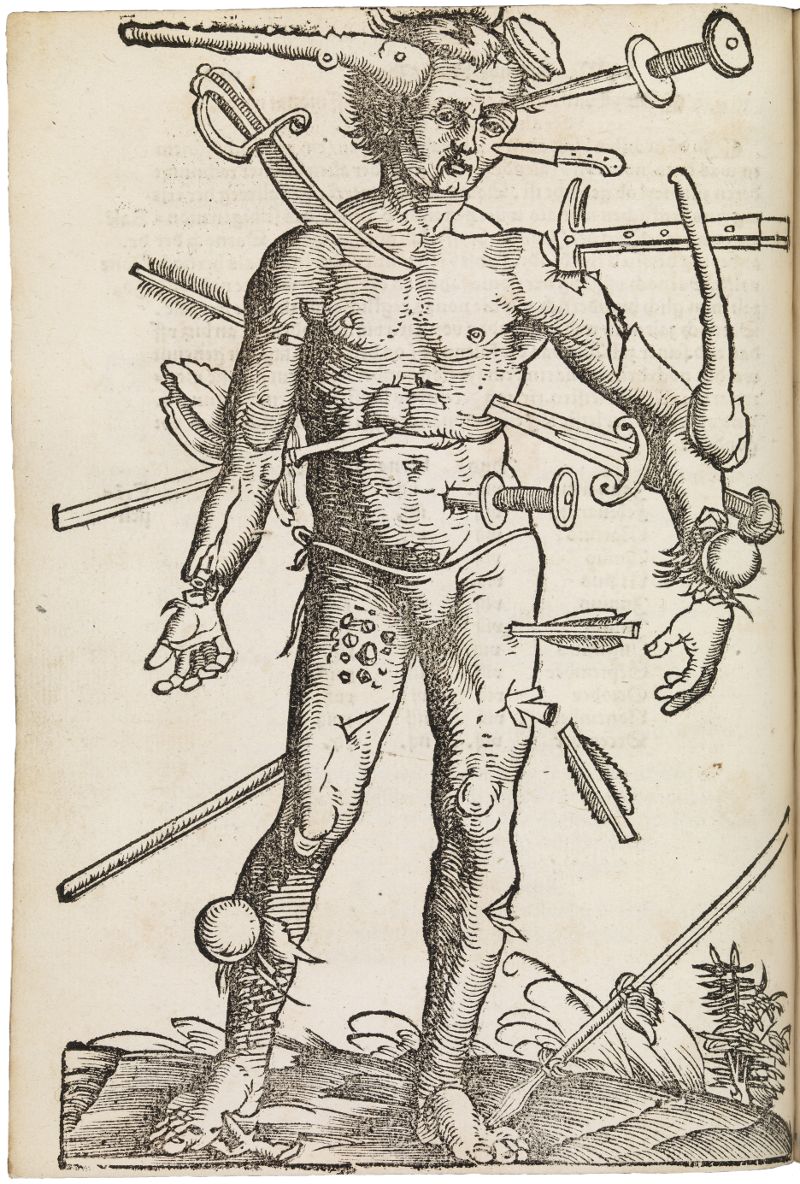 A black and white engraving depicting a man riddled with wounds from various weapons.