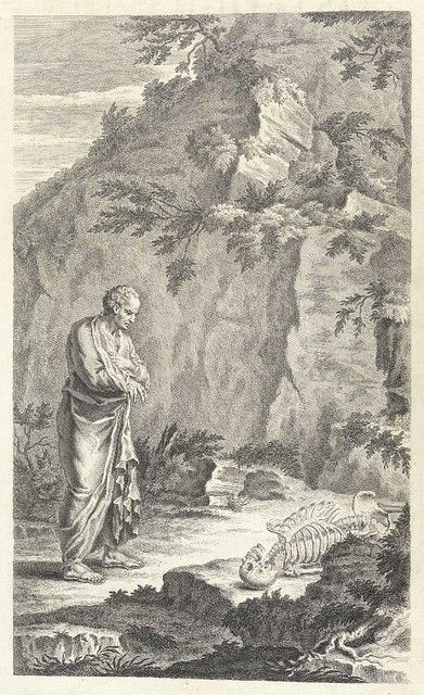 A black and white engraving depicting a man in a robe looking at a skull in a forest.