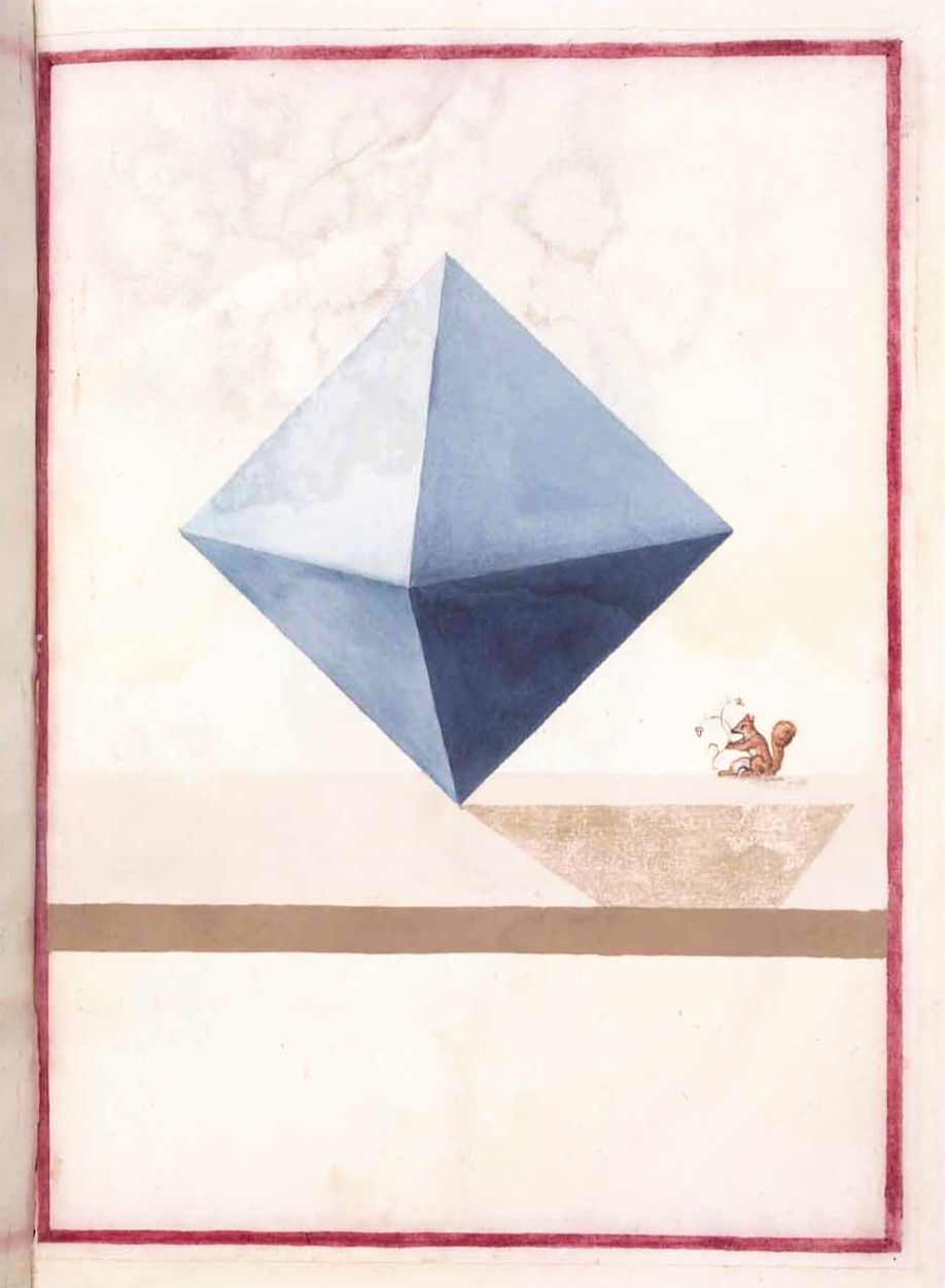 A page from a manuscript or sketchbook featuring a blue geometric shape resembling a pyramid floating above a tan platform, with a small squirrel depicted to the right.