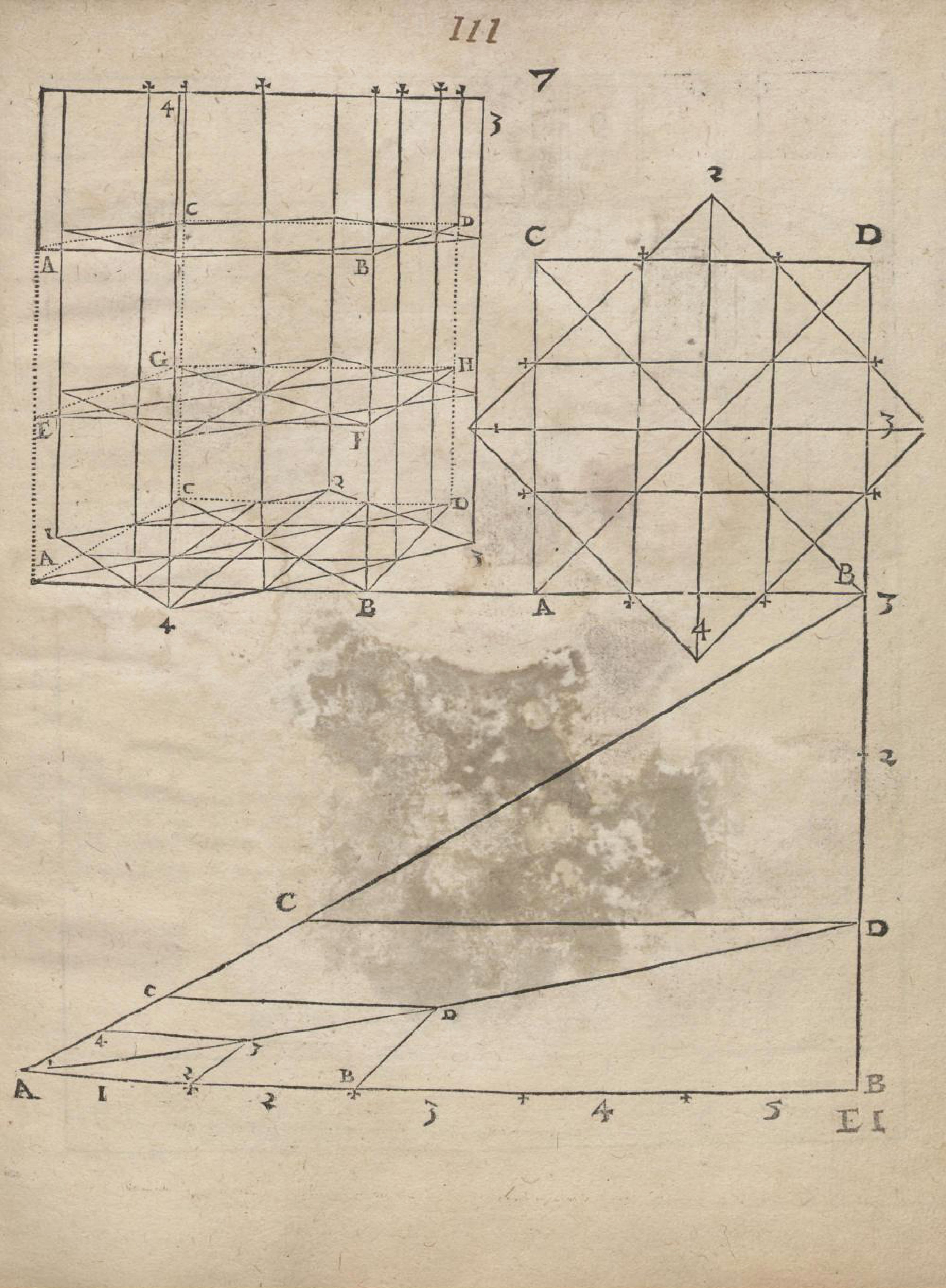 Old book page with a complex geometric diagram featuring a grid of rectangles, triangles, and labeled points.
