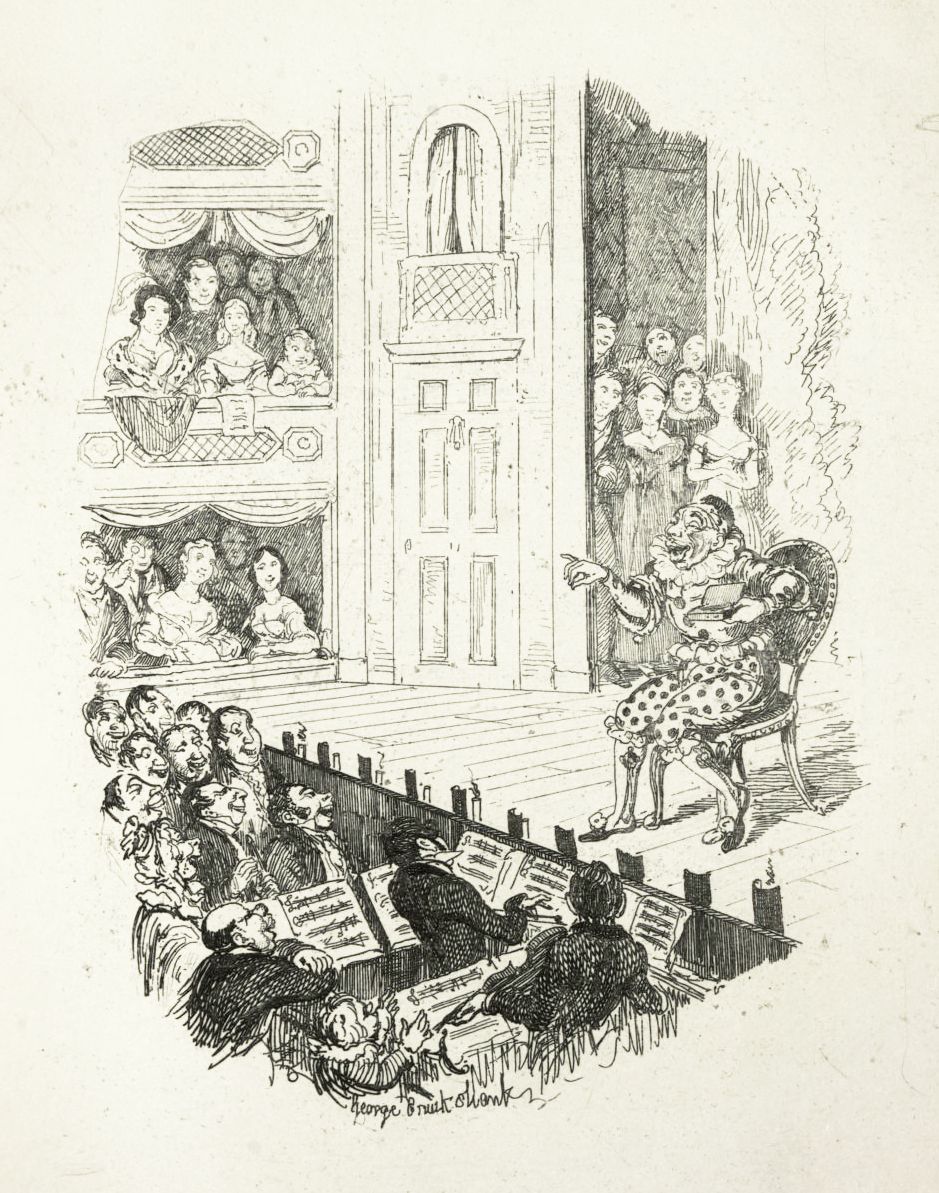 A black and white pen and ink drawing of a musical performance in a crowded concert hall. Musicians are playing instruments, a conductor is directing, and the audience is packed into the space.
