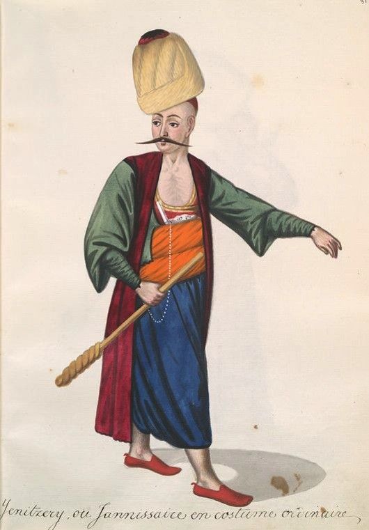Watercolor painting of a man in traditional Ottoman attire, likely a Janissary, standing and holding a staff.