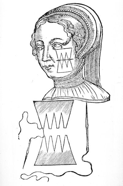 A black and white woodcut illustration of a woman with geometric shapes superimposed over her face and body.