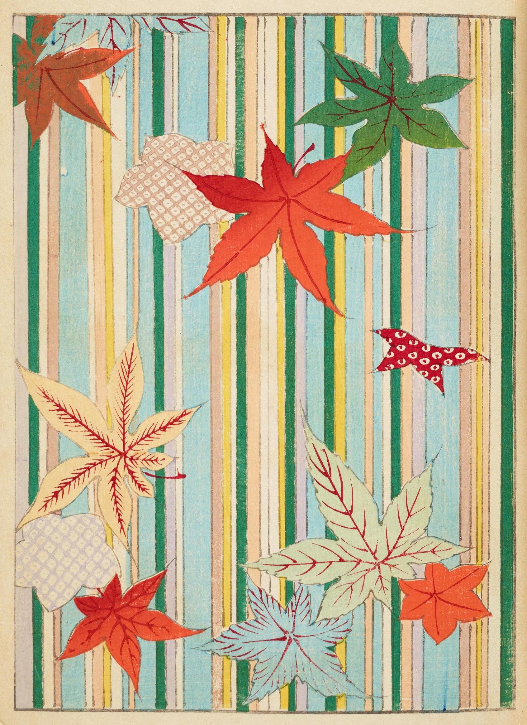 Vintage illustration of maple leaves against a striped background.