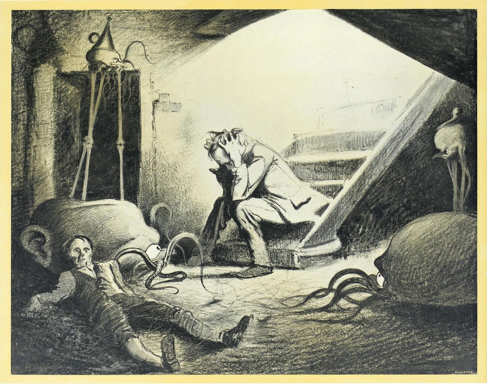 A black and white lithograph by Francisco Goya titled “The Sleep of Reason Produces Monsters.” The image depicts a man slumped over a table, his head buried in his arms, seemingly asleep or in despair. Around him, shadowy, monstrous figures emerge from the darkness.
