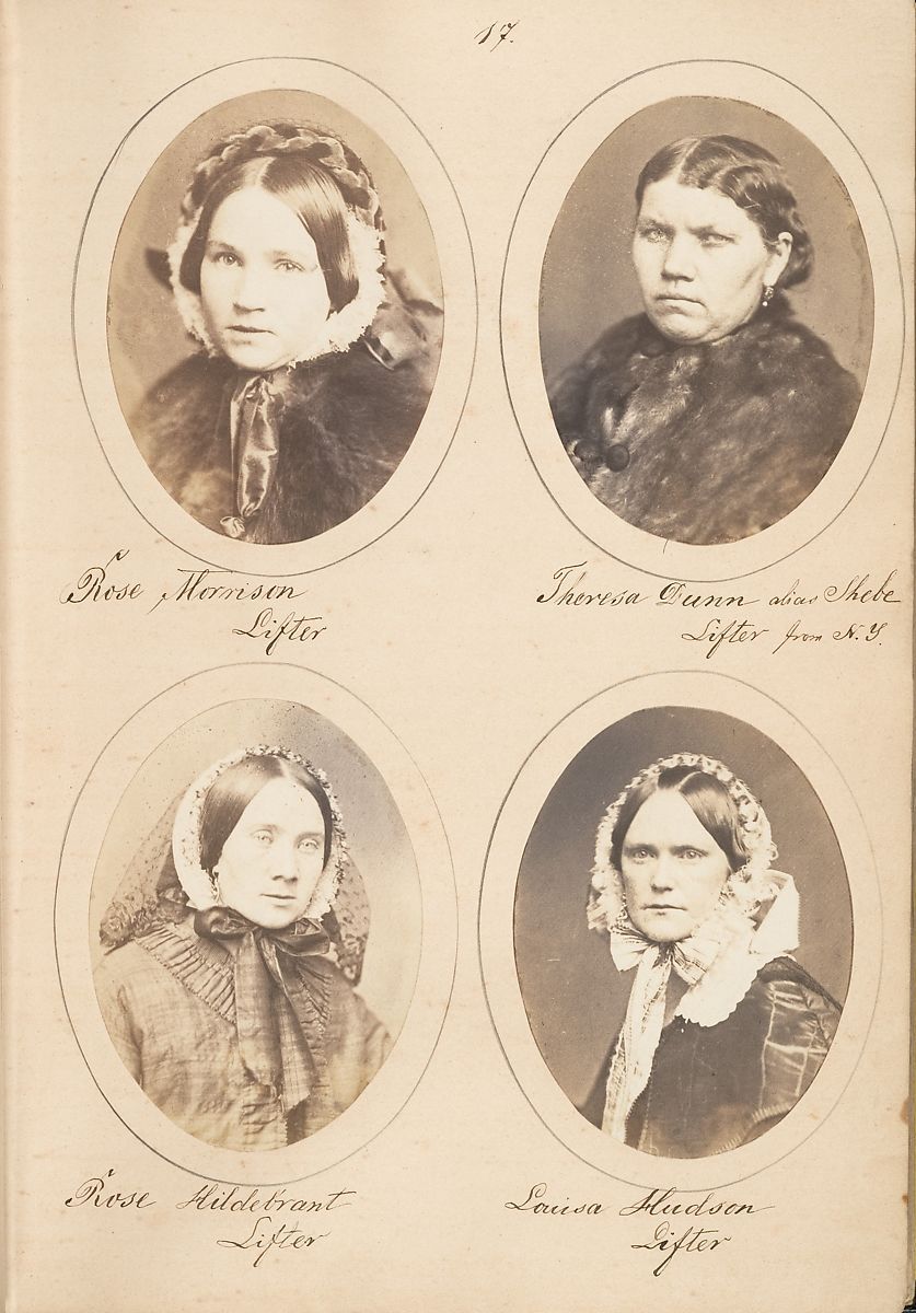 Four oval portraits of women from the 19th century, each identified by handwritten text below. The portraits are arranged in a 2x2 grid on a textured paper background.
