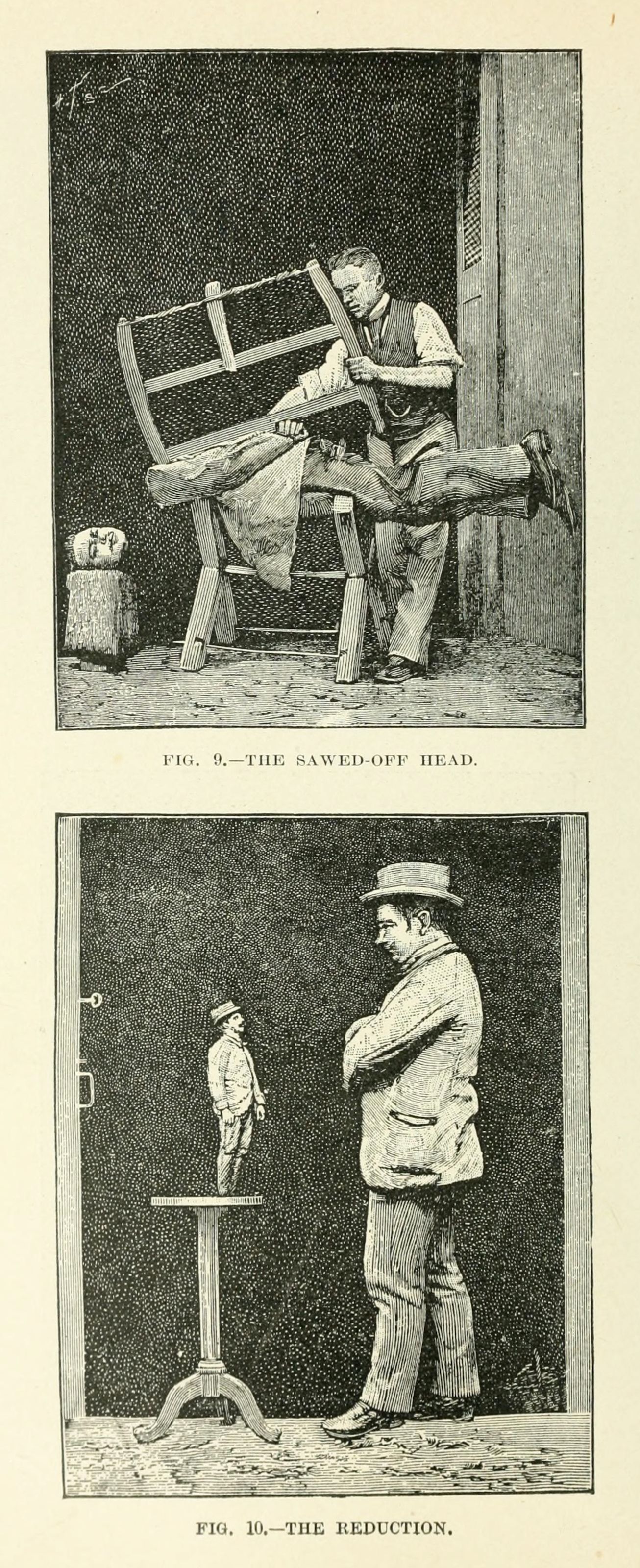 Two vintage illustrations depicting unsettling scenes. The first shows a man sawing off a head, and the second shows a man looking down at a miniature figure.