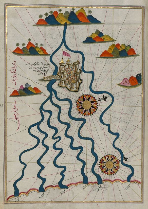 Antique map with a winding river, cities, mountains, and ornate rosettes.
