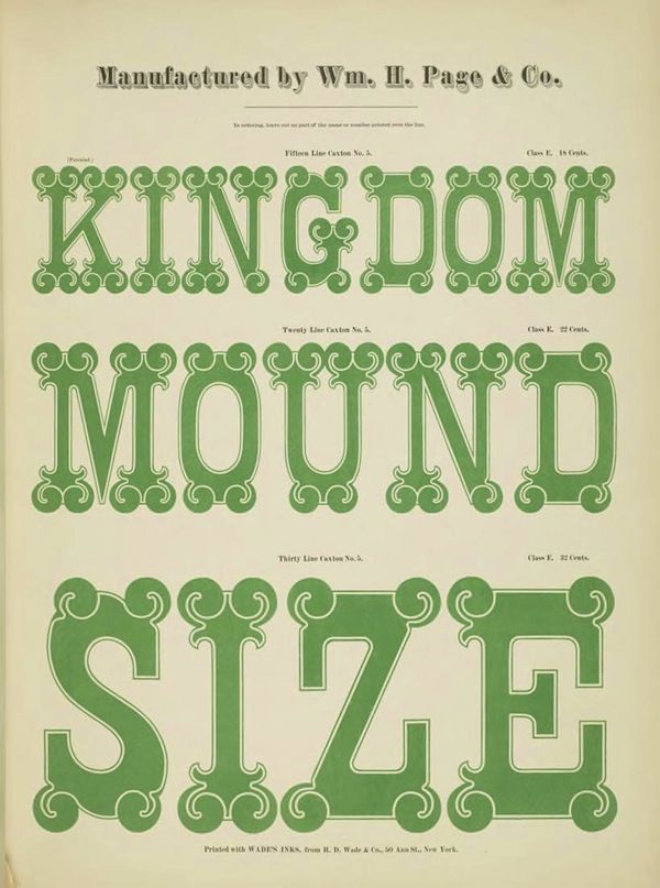 A vintage advertisement or specimen sheet for typography featuring the words "KINGDOM", "MOUND", and "SIZE" in ornate green lettering.