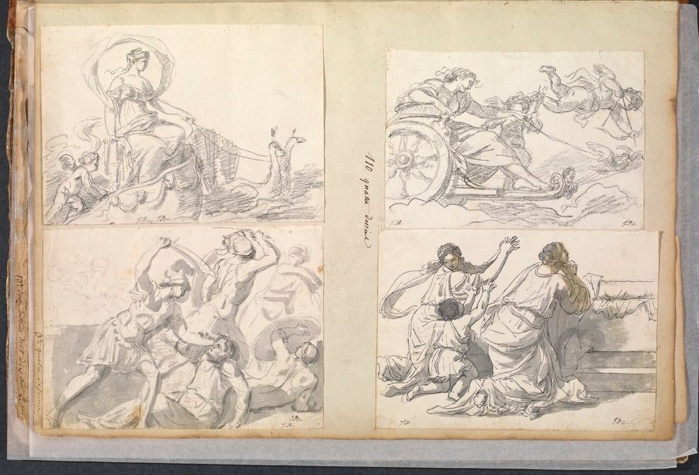 A page from a sketchbook filled with four pencil sketches. The sketches depict figures in classical or mythological scenes.