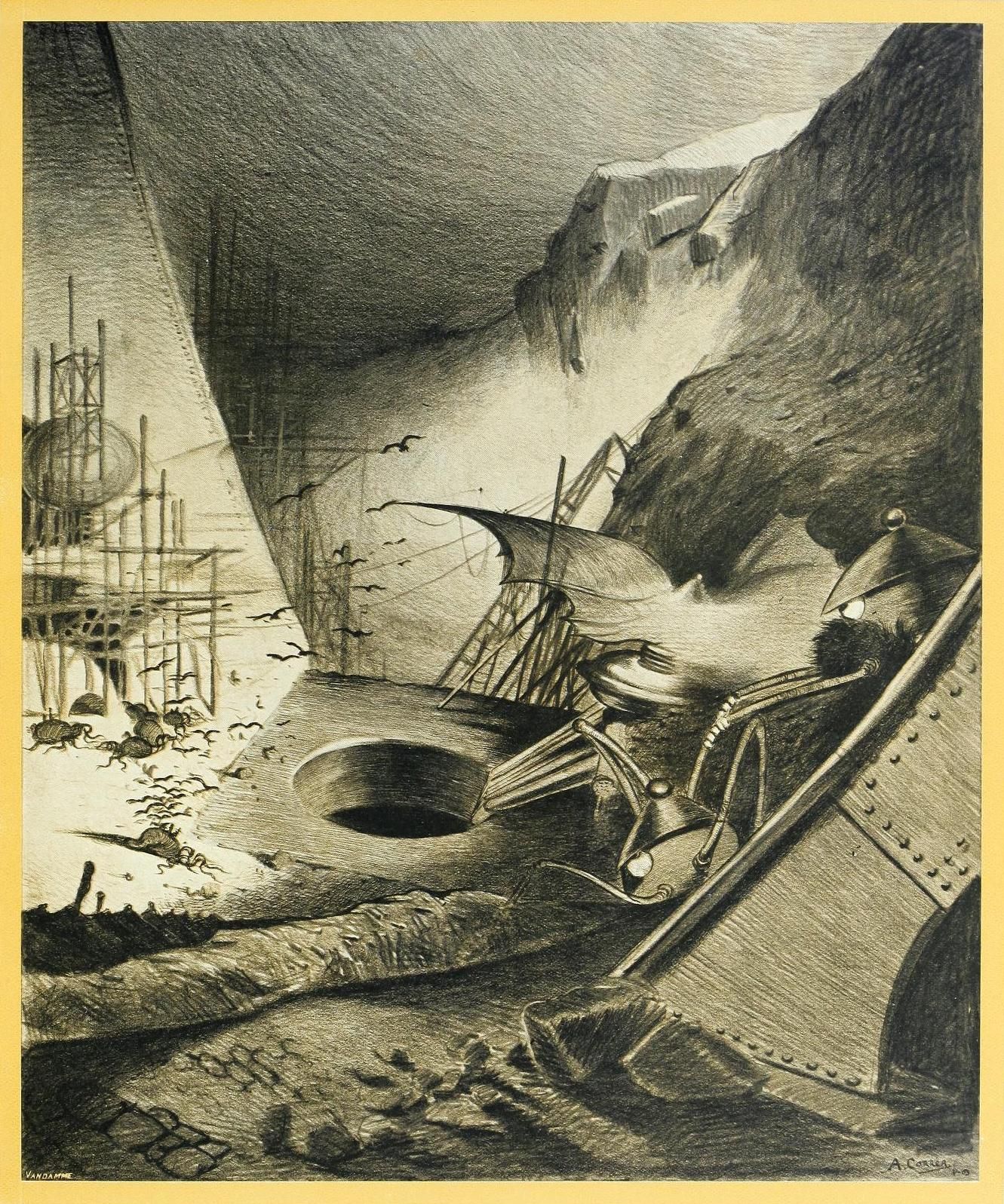 A vintage-style illustration depicting a dramatic underwater or subterranean landscape with a ship caught in a vortex near a towering mountain and a strange skeletal structure.