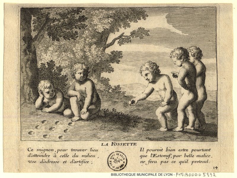 A vintage black and white engraving depicting a pastoral scene with cherubs playing with a sphere in a grassy field with a large tree.