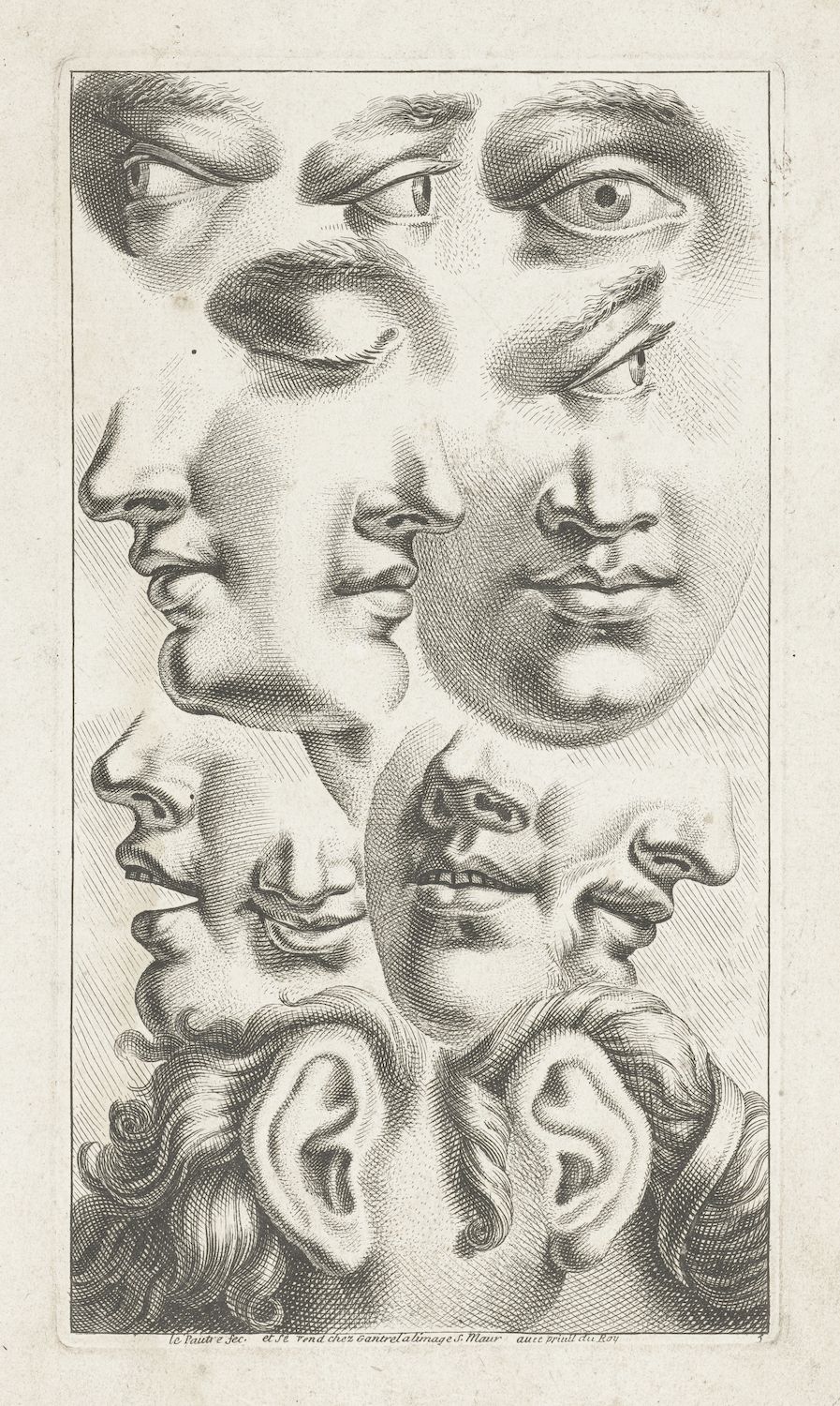 A black and white engraving depicting a complex arrangement of facial features, including eyes, noses, mouths, and ears. The faces are fragmented and overlapping, creating a sense of ambiguity and mystery.