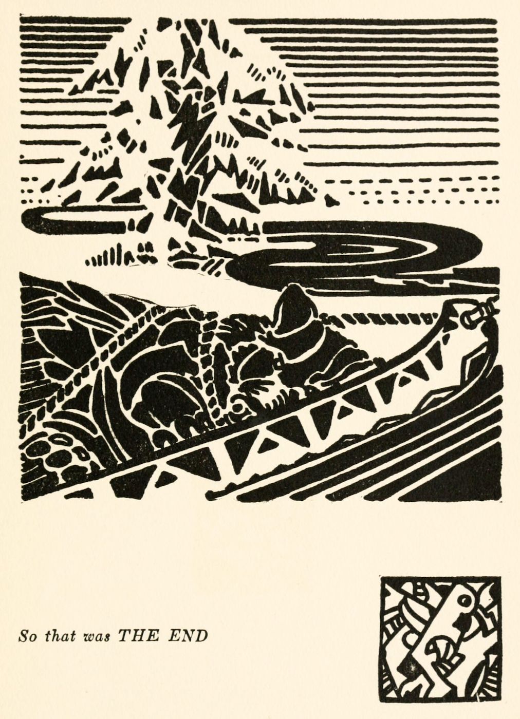 A black and white illustration depicting a cat falling or being thrown from a height, with swirling patterns and geometric shapes in the background. The text “So that was THE END” is written below the illustration.