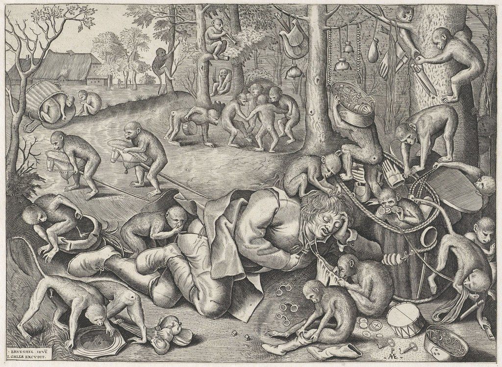 A black and white engraving depicting a chaotic scene filled with monkeys engaged in various human-like activities.