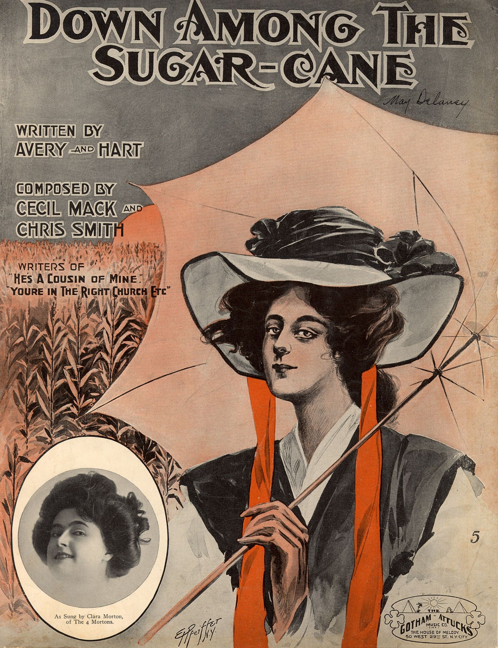Vintage sheet music cover for "Down Among the Sugar-Cane" featuring a woman in a hat and dress, a portrait of Clara Morton, and illustrations of sugar cane.