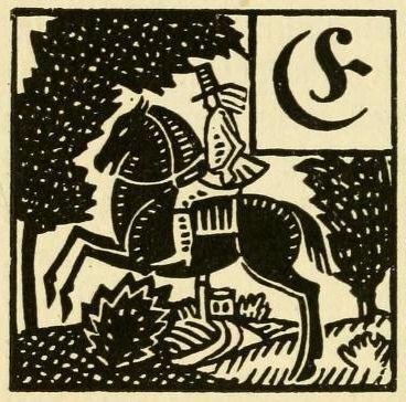 A black and white woodcut illustration of a knight on horseback raising a sword, with trees and a castle in the background, and a decorative letter 'S' in the upper right corner.